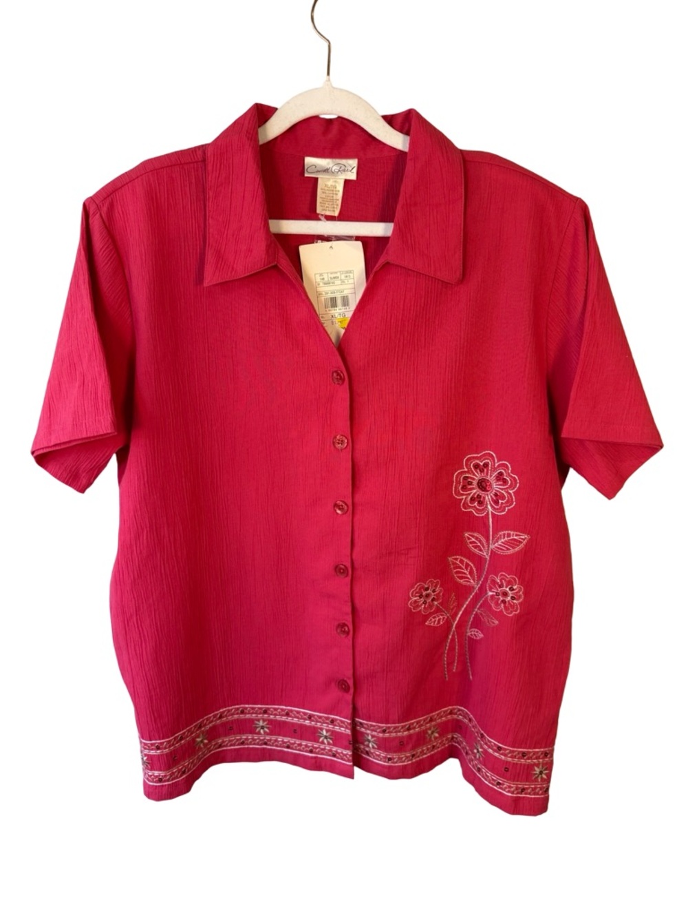 Carol Reed Short Sleeve Button-Up Embroidered Blouse - Red Size XL Boho